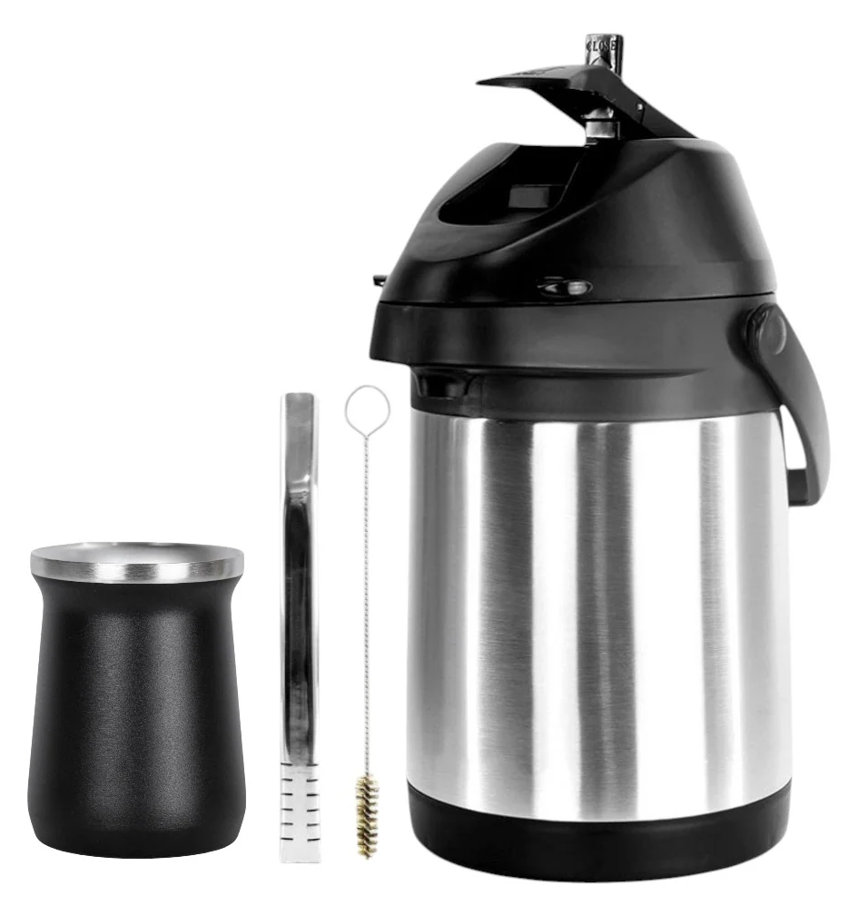 Fotografia fornecida: conjunto com térmica de inox e preto, copo, bomba e escova